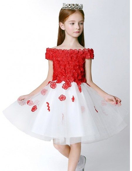 White Tulle and Red Applique Flower Girl Dress with Cap Sleeves