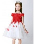 White Tulle and Red Applique Flower Girl Dress with Cap Sleeves