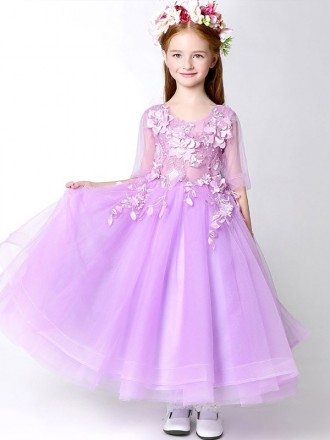 Fairy Lilac Long Tulle Applique Pageant Dress for Little Girls