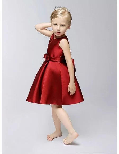 Simple Hot Red Short Satin Flower Girl Dress with Bows