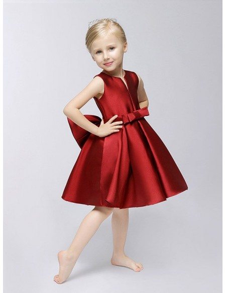 Simple Hot Red Short Satin Flower Girl Dress with Bows