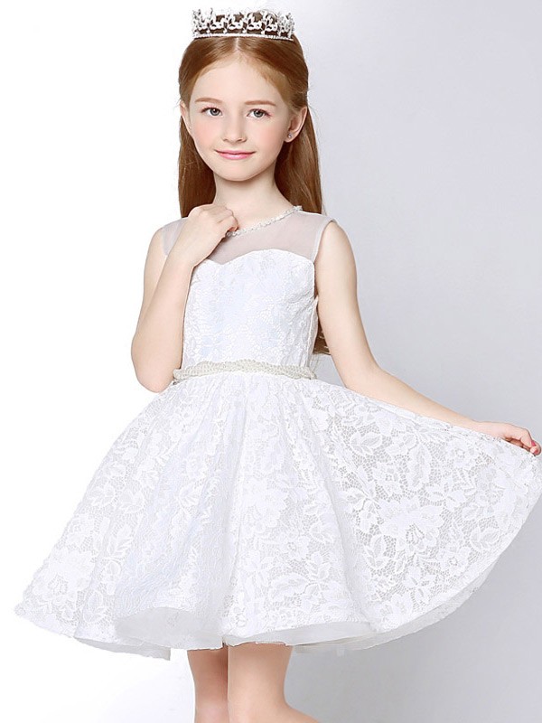 Sheer Top Whole Lace Short Flower Girl Dress with Beaded Waist and Neck ...