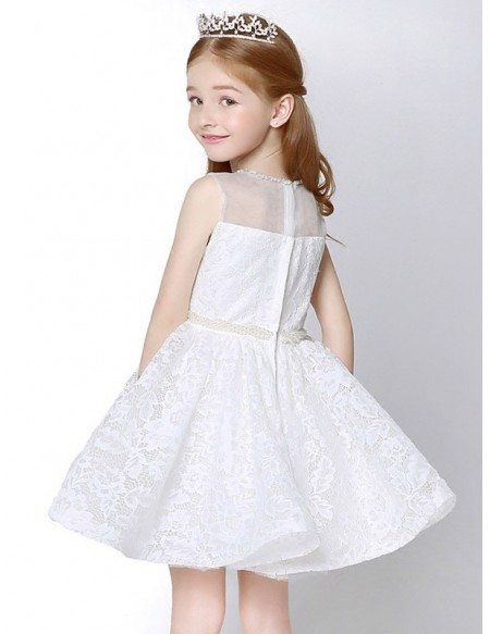 Sheer Top Whole Lace Short Flower Girl Dress with Beaded Waist and Neck