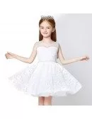 Sheer Top Whole Lace Short Flower Girl Dress with Beaded Waist and Neck