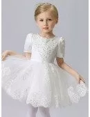 Satin and Tulle Lace Flower Girl Dress with Short Sleeves