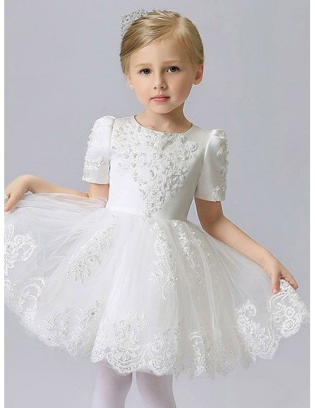 Satin and Tulle Lace Flower Girl Dress with Short Sleeves