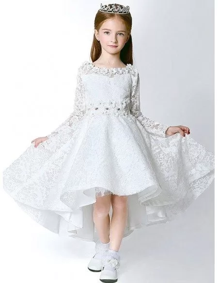 All Lace Fairy Long Sleeves Flower Girl Dress in High Low Style