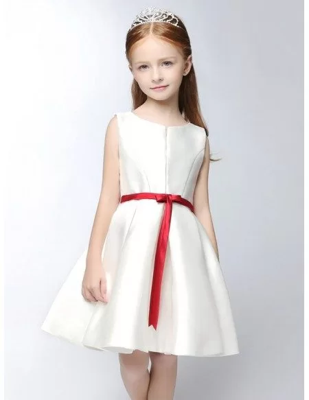 Simple Satin Short White Flower Girl Dress with Red Sash