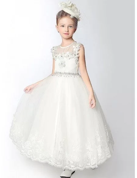 Little Girl's Lace Long Floral Pageant Dress with Rhinestones