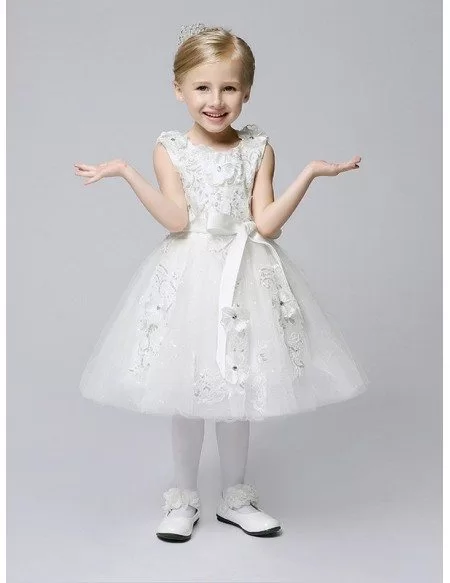 Short Ballroom Applique Tulle White Flower Girl Dress with Sash