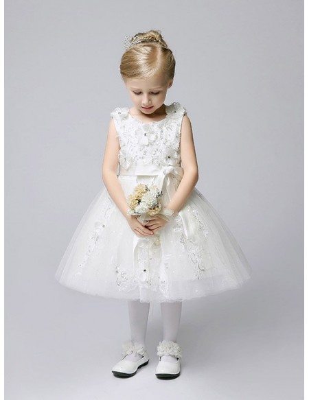 Short Ballroom Applique Tulle White Flower Girl Dress with Sash