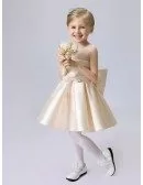 Sheer Top Simple Satin Champagne Short Flower Girl Dress with Bows