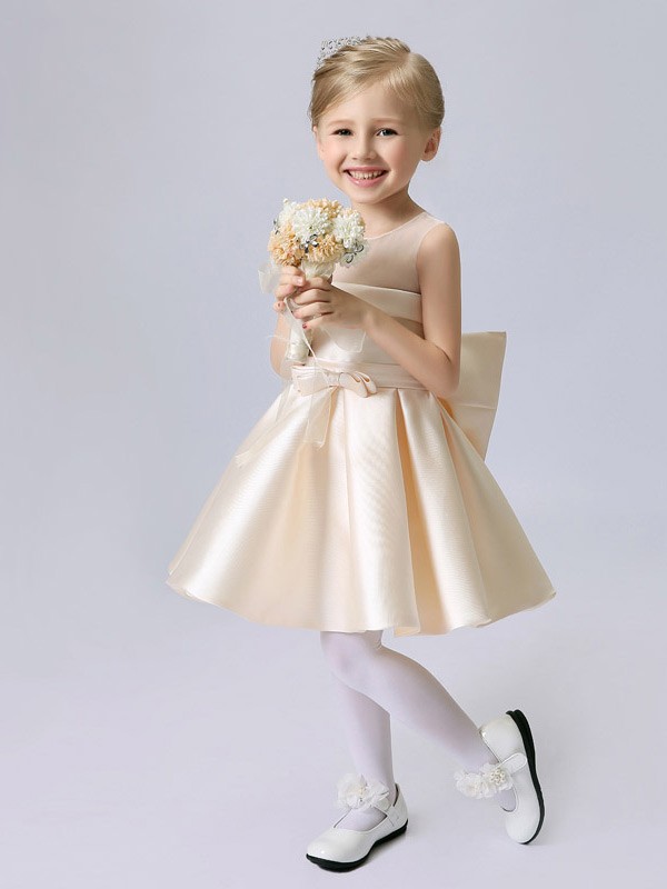 Sheer Top Simple Satin Champagne Short Flower Girl Dress with Bows # ...