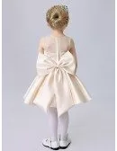 Sheer Top Simple Satin Champagne Short Flower Girl Dress with Bows