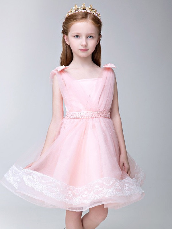 Lovely Pink Tulle Lace Flower Girl Dress with Beaded Waist #EFS19 ...