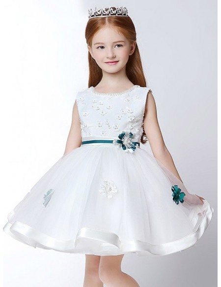 Ball Gown Short White Lace Pageant Dress with Scoop Beaded Neck