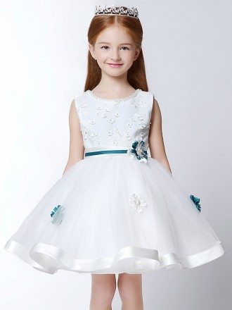 Ball Gown Short White Lace Pageant Dress with Scoop Beaded Neck