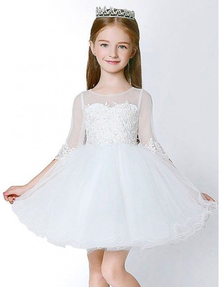 3/4 Sleeves Short Tulle Lace Flower Girl Dress with Ball Gown #EFS21 ...