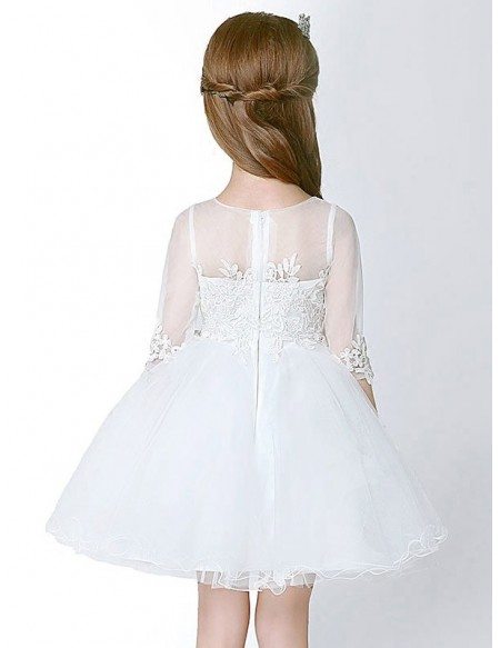 3/4 Sleeves Short Tulle Lace Flower Girl Dress with Ball Gown