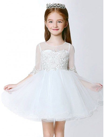 3/4 Sleeves Short Tulle Lace Flower Girl Dress with Ball Gown
