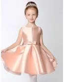 Simple Short Taffeta Pink Flower Girl Dress with Bow Sash