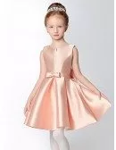 Simple Short Taffeta Pink Flower Girl Dress with Bow Sash
