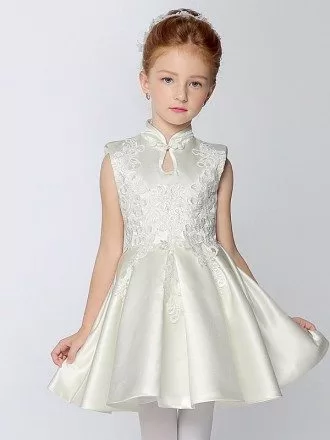 High Collar A Line Short Satin Pageant Dress with Lace