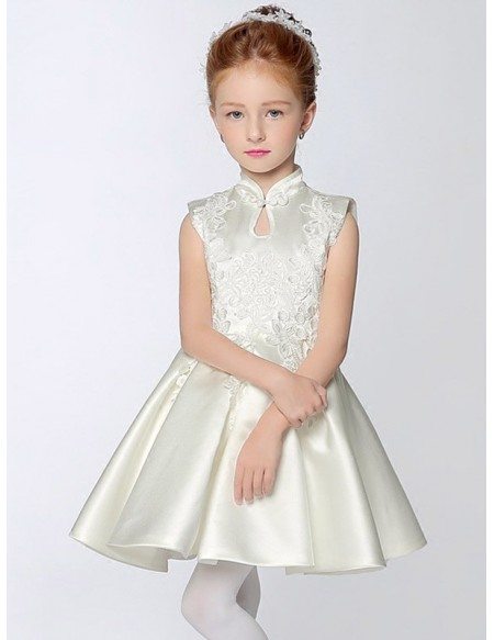 High Collar A Line Short Satin Pageant Dress with Lace