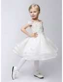 Cap Sleeve Short Layered Bubble Flower Girl Dress with Lace Bodice