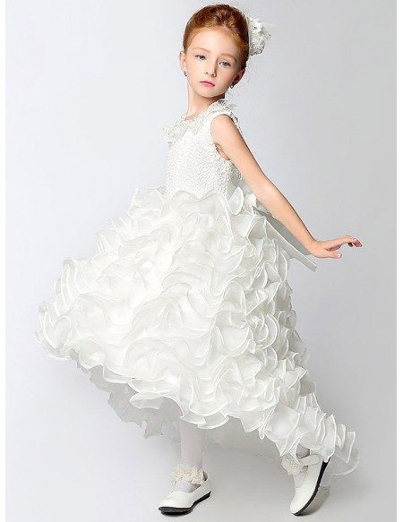 High Low Cascading Beaded Flower Girl Dress with Lace Bodice