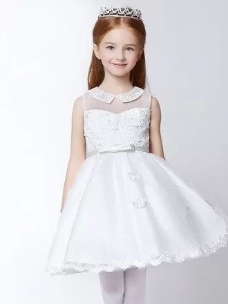 Short White A Line Applique Tulle Flower Girl Dress