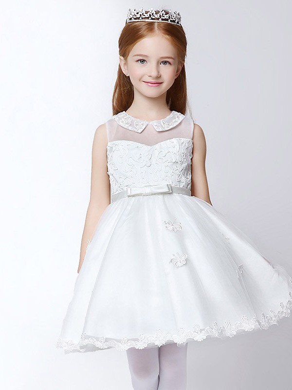 Short White A Line Applique Tulle Flower Girl Dress #EFS30 - GemGrace.com