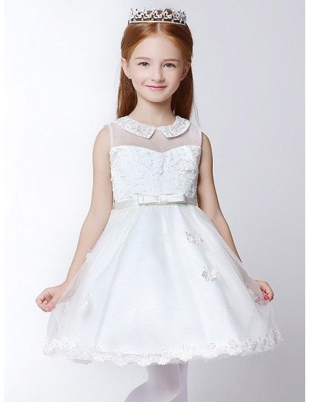 Short White A Line Applique Tulle Flower Girl Dress