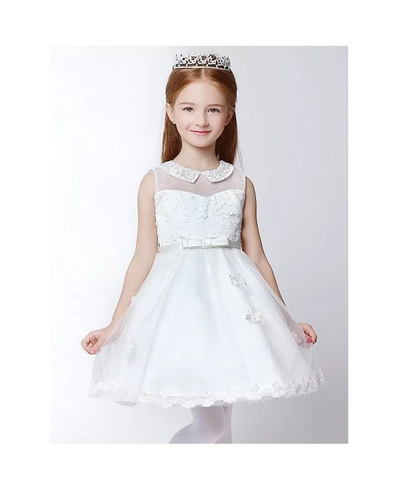 Short White A Line Applique Tulle Flower Girl Dress #EFS30 - GemGrace.com