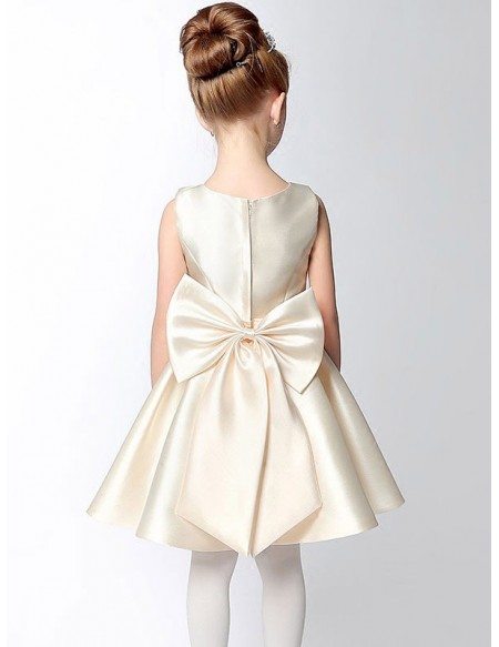 Simple Satin Short Champagne Flower Girl Dress with Bow Sash