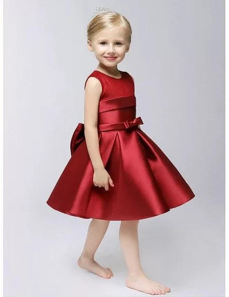 Hot Red Short Satin A Line Flower Girl Dress with Bow Sash