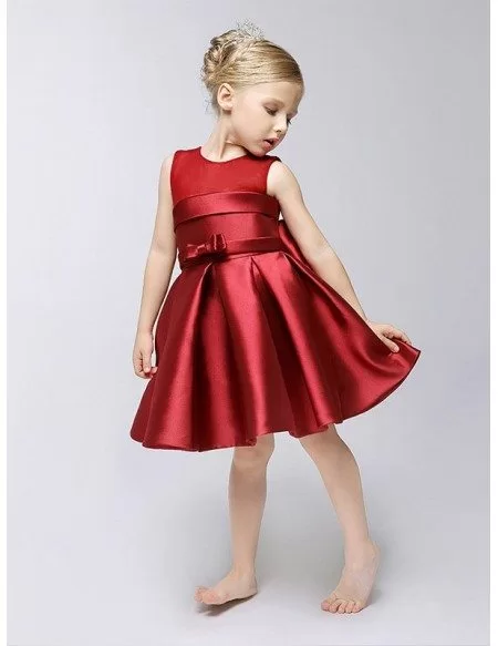 Hot Red Short Satin A Line Flower Girl Dress with Bow Sash