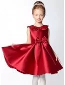 Hot Red Short A Line Satin Collared Flower Girl Dress with Bows