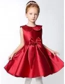 Hot Red Short A Line Satin Collared Flower Girl Dress with Bows