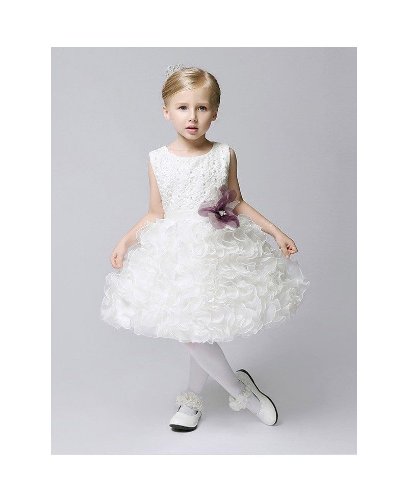 Short Organza Ruffled Bubble Flower Girl Dress with Lace Beaded Bodice ...