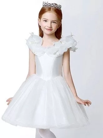 Organza Short White Ball Gown Flower Girl Dress with Butterflies