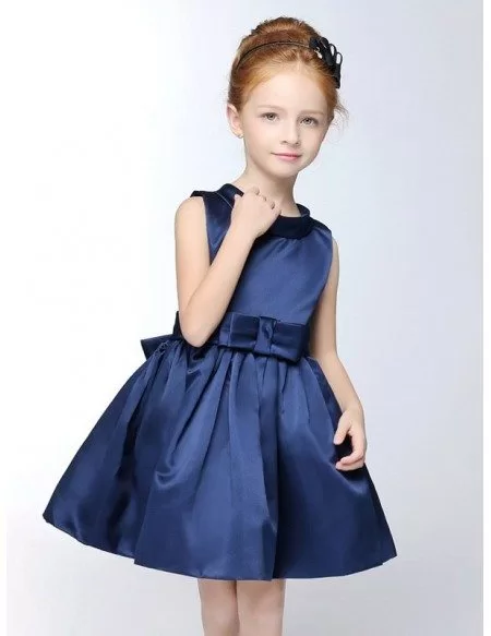 Navy Blue Simple Satin Short Collared Flower Girl Dress with Sash
