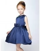 Navy Blue Simple Satin Short Collared Flower Girl Dress with Sash