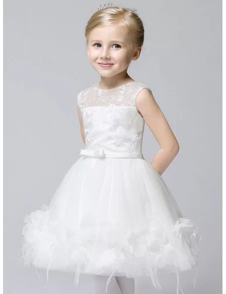 Fairy White Applique Short Tulle Flower Girl Dress #EFS37 - GemGrace.com