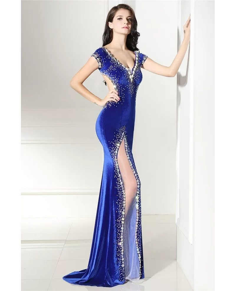 Sexy Mermaid Beaded Royal Blue Slit Backless Prom Dress #LG0292