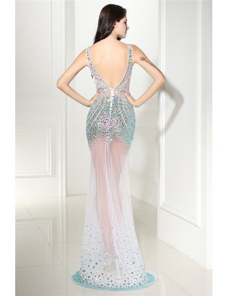 Charming Beaded Deep V-neck See-through Prom Dress Open Back