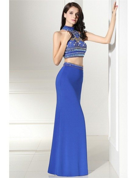 Popular Two Piece Long Blue Prom Dress with Beading