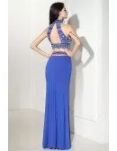 Popular Two Piece Long Blue Prom Dress with Beading