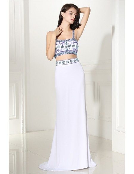Two Piece Long White Prom Dress with Beaded Straps