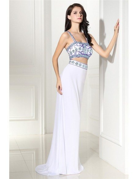 Two Piece Long White Prom Dress with Beaded Straps